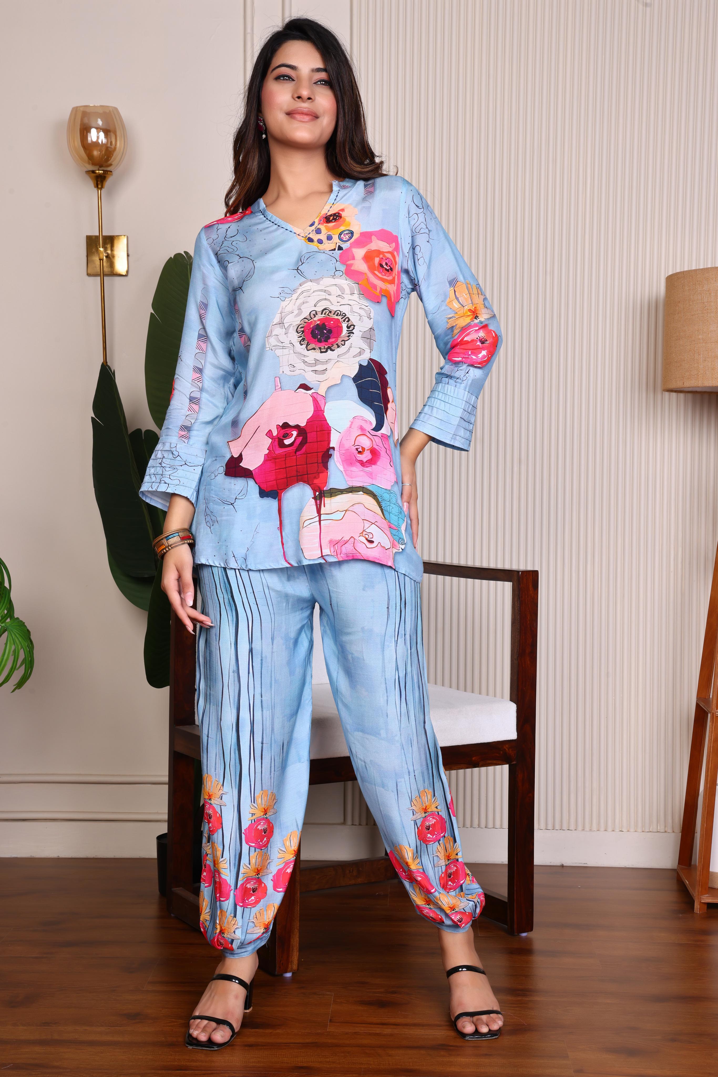 Floral Bliss Sky Blue Co-Ord Set – Vibrant Comfortable & Trendy | LuxebyFlavia |