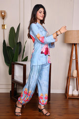 Floral Bliss Sky Blue Co-Ord Set – Vibrant Comfortable & Trendy | LuxebyFlavia |