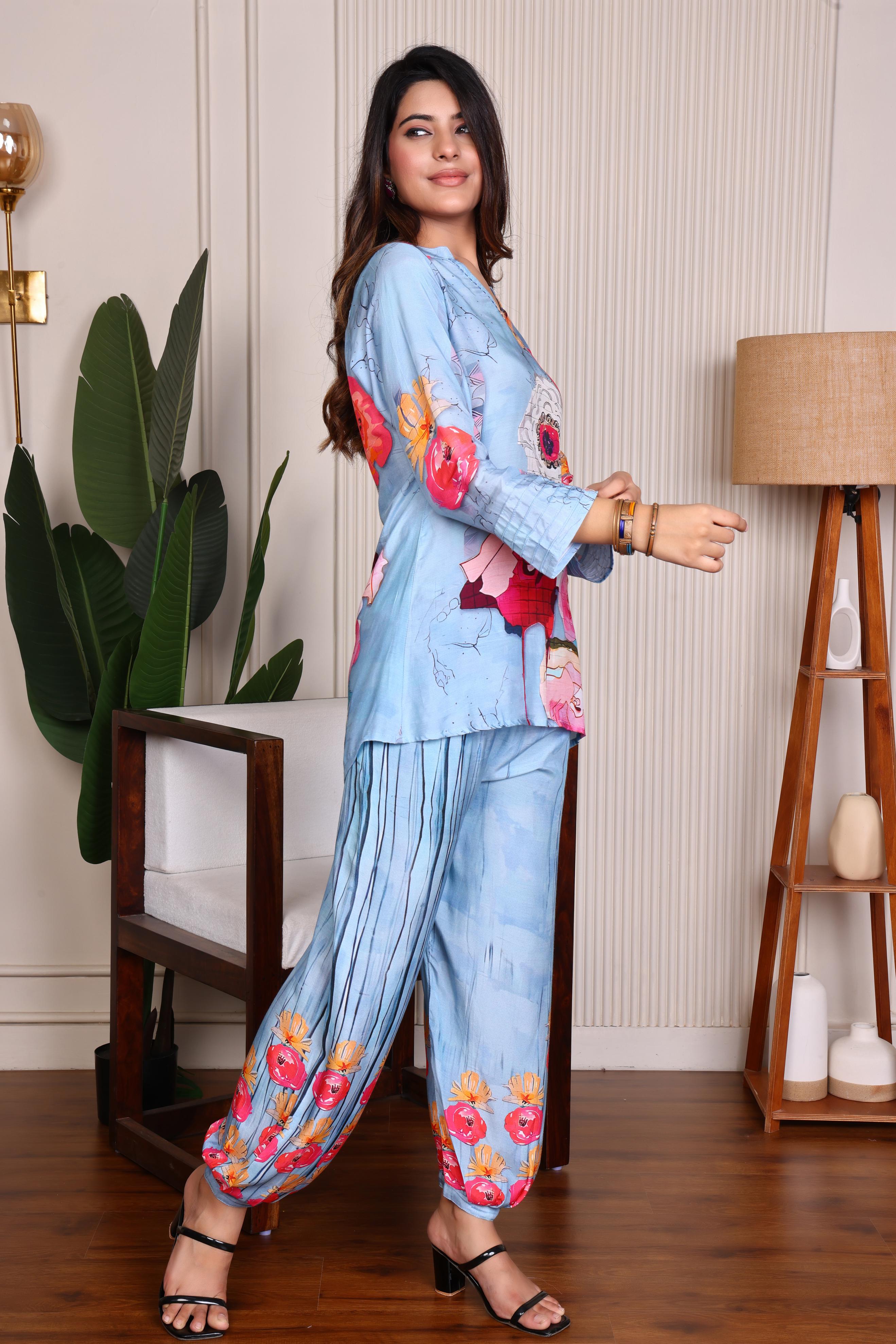 Floral Bliss Sky Blue Co-Ord Set – Vibrant Comfortable & Trendy | LuxebyFlavia |