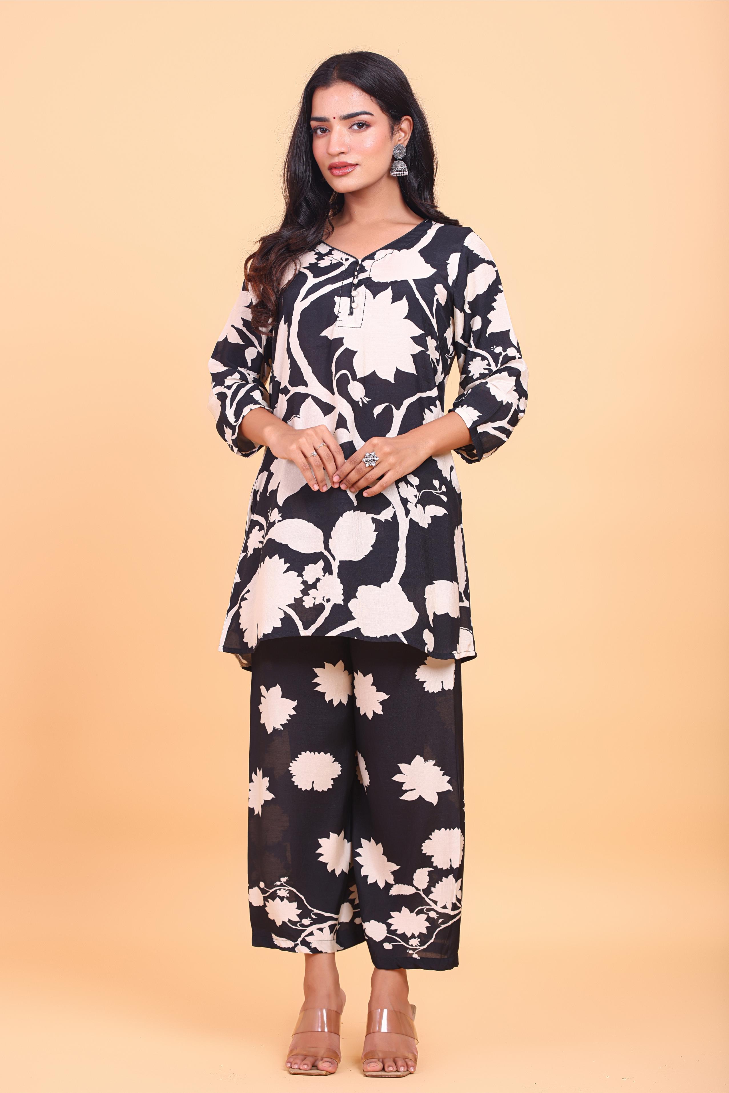 Black and White Floral Printed Co-ord Set | LuxebyFlavia |