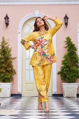 Mustard Digital Print Crepe Co-Ord Set with Kantha Details | LuxebyFlavia |