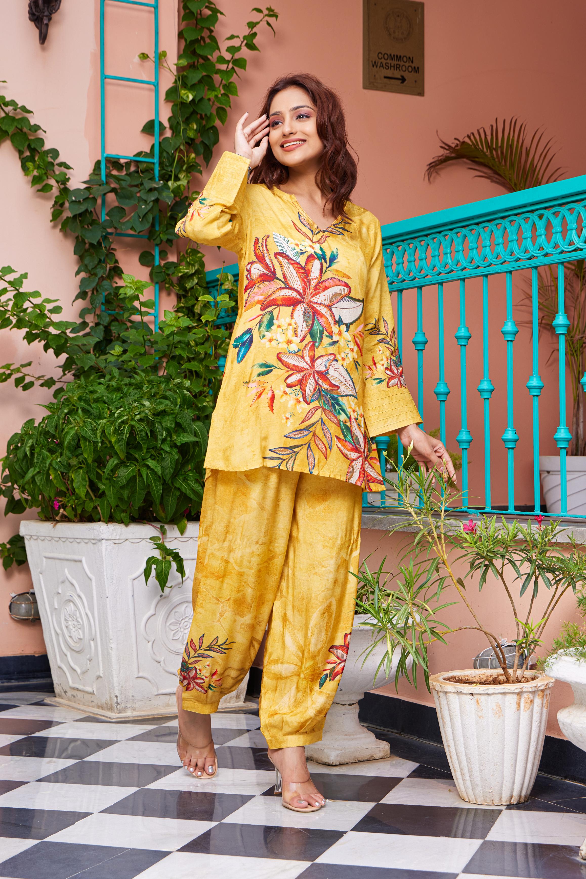 Mustard Digital Print Crepe Co-Ord Set with Kantha Details | LuxebyFlavia |