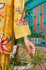 Mustard Digital Print Crepe Co-Ord Set with Kantha Details | LuxebyFlavia |