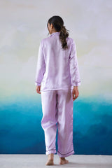 Lavender Satin Night Suit - Button-Down Shirt & Trousers | Co-Ord Set | Shop stylish women's clothing online at Label Flavia |