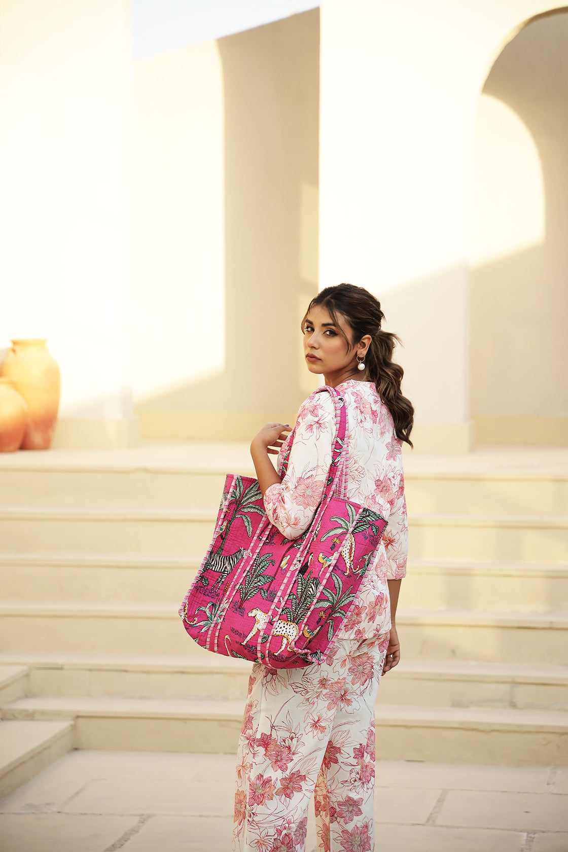 Handcrafted Jungle-Print Pink Tote Bag for Indian Women – Eco-Friendly, Spacious & Stylish | Luxebyflavia | Hand Bag