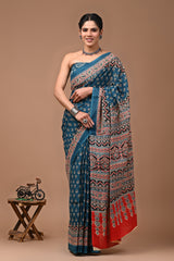 Printed Pure Cotton Mulmul Saree With Blouse | Luxebyflavia | saree