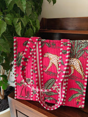 Handcrafted Jungle-Print Pink Tote Bag for Indian Women – Eco-Friendly, Spacious & Stylish | Luxebyflavia | Hand Bag