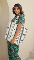 Handcrafted Black & White Geometric-Print Tote Bag – Sleek, Spacious & Durable | Luxebyflavia | Hand Bag