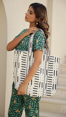 Handcrafted Black & White Geometric-Print Tote Bag – Sleek, Spacious & Durable | Luxebyflavia | Hand Bag