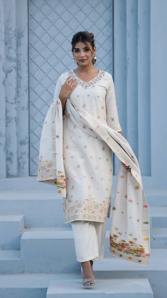 Cotton Jacquard Kurta Pant Dupatta Set for Women – Intricate Ada Work | Co-Ord Set | Shop stylish women's clothing online at Label Flavia |