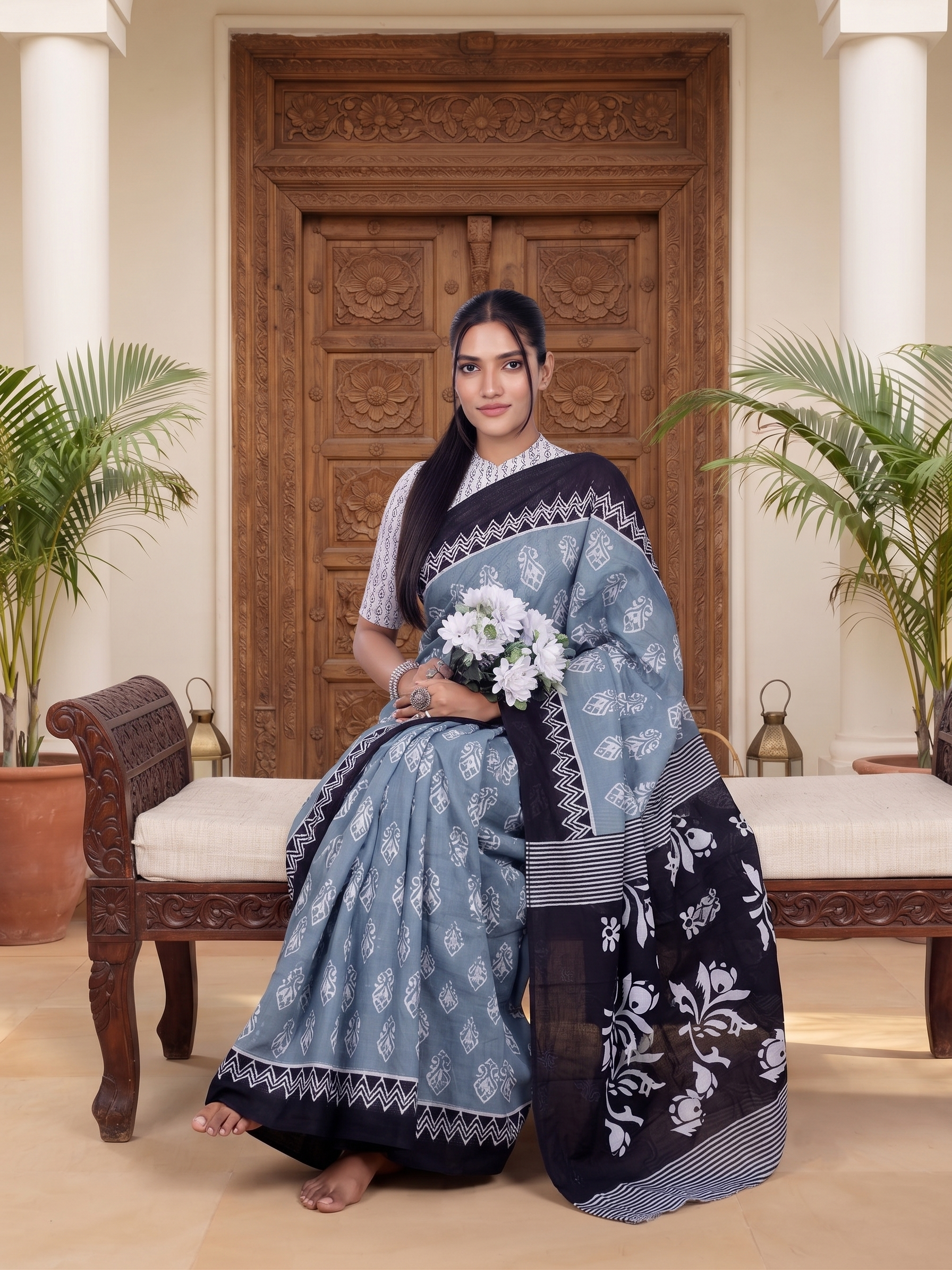 Rayisha Stone Blue Saree