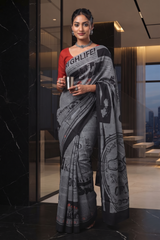Spotlight Grey Newspaper Print Saree