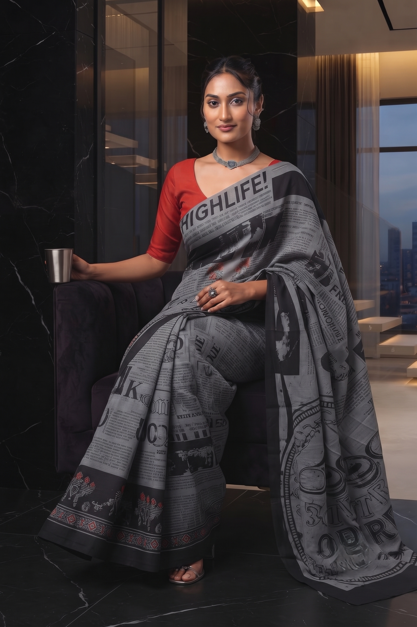 Spotlight Grey Newspaper Print Saree