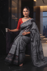 Spotlight Grey Newspaper Print Saree