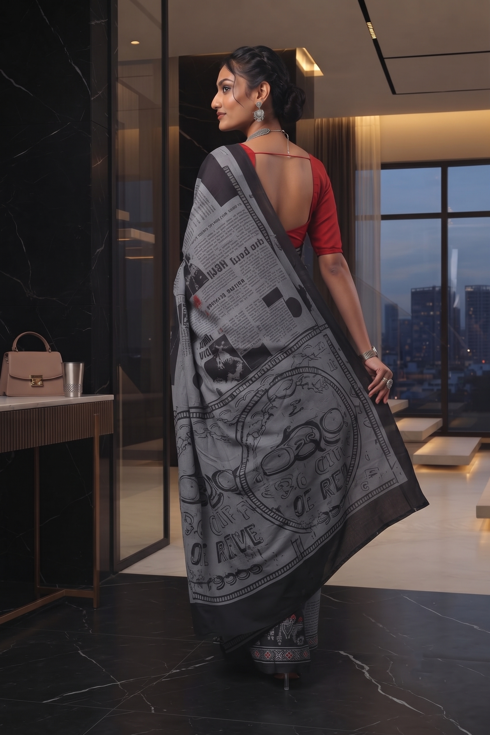 Spotlight Grey Newspaper Print Saree