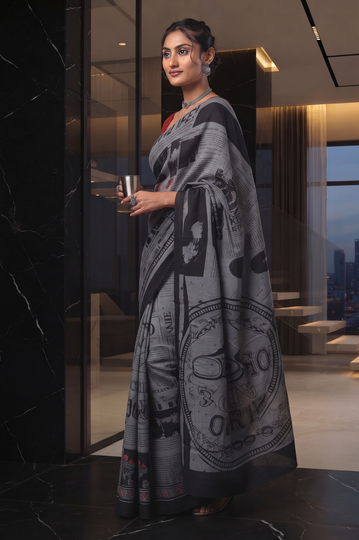 Spotlight Grey Newspaper Print Saree