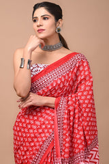 Exclusive Printed Pure Cotton Mulmul Saree With Blouse