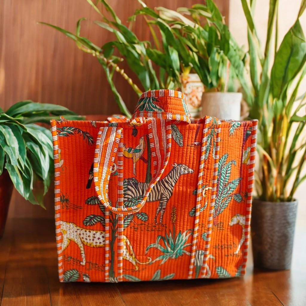 Handcrafted Jungle-Print Tote Bag for Indian Women – Vibrant, Spacious & Durable | Luxebyflavia | Hand Bag