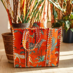 Handcrafted Jungle-Print Tote Bag for Indian Women – Vibrant, Spacious & Durable | Luxebyflavia | Hand Bag