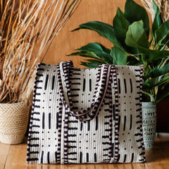 Handcrafted Black & White Geometric-Print Tote Bag – Sleek, Spacious & Durable | Luxebyflavia | Hand Bag