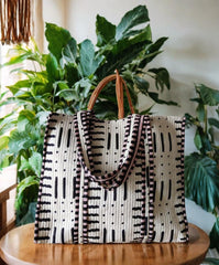 Handcrafted Black & White Geometric-Print Tote Bag – Sleek, Spacious & Durable | Luxebyflavia | Hand Bag