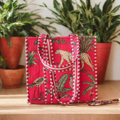 Handcrafted Jungle-Print Pink Tote Bag for Indian Women – Eco-Friendly, Spacious & Stylish | Luxebyflavia | Hand Bag